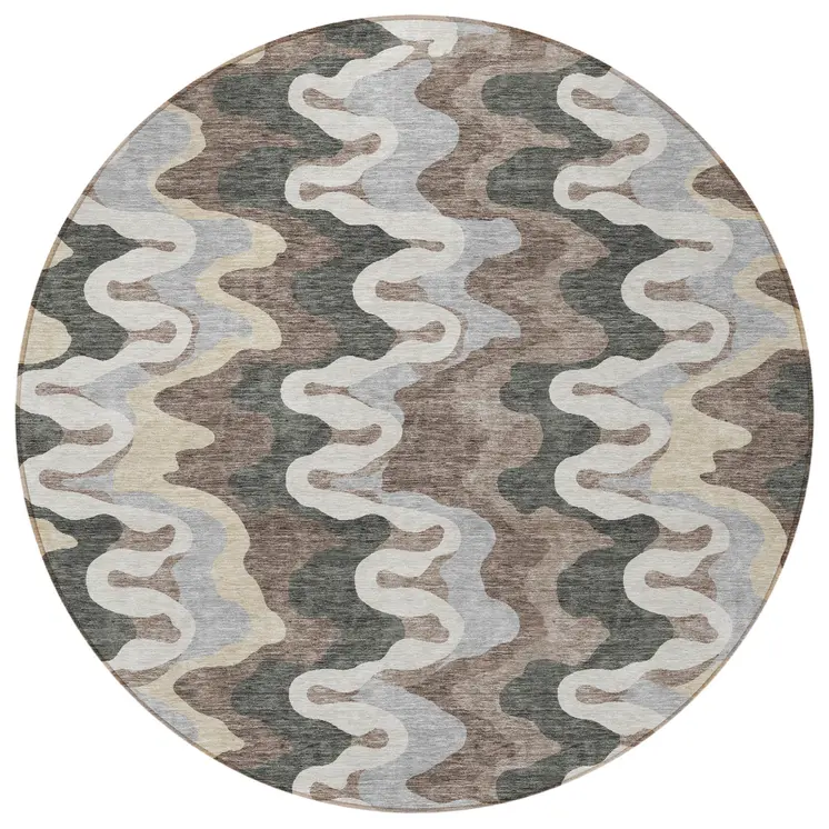 8' Charcoal Gray And Silver Round Abstract Washable Indoor Outdoor Area Rug