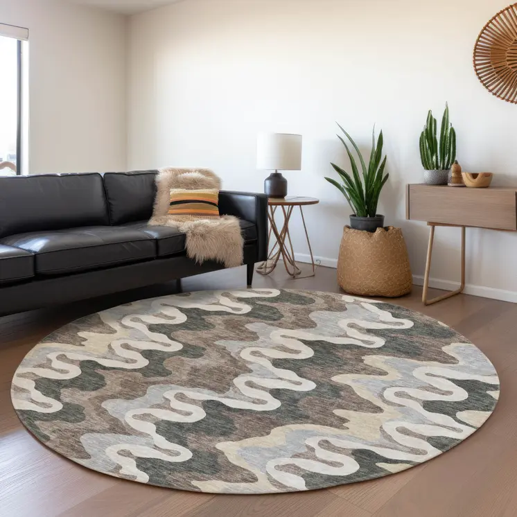 8' Charcoal Gray And Silver Round Abstract Washable Indoor Outdoor Area Rug