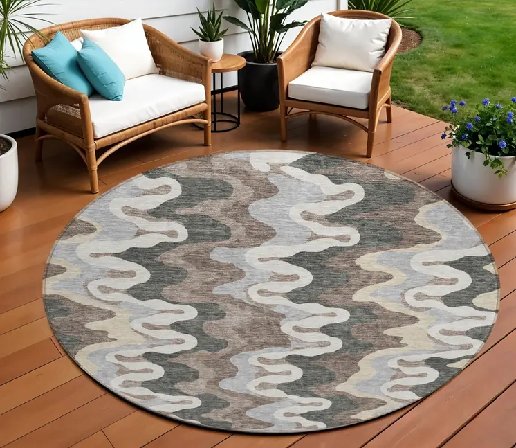 8' Charcoal Gray And Silver Round Abstract Washable Indoor Outdoor Area Rug