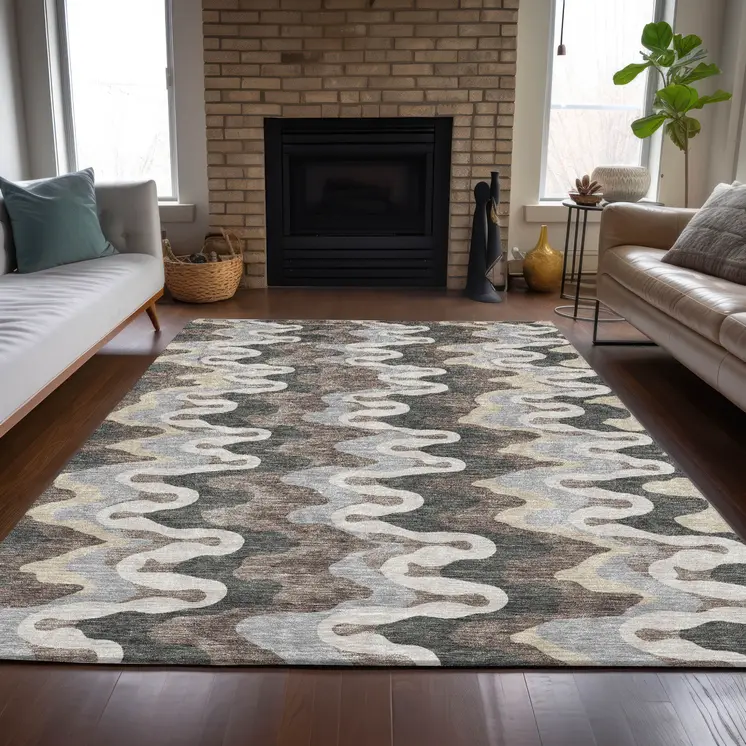 8' X 10' Charcoal Gray And Silver Abstract Washable Indoor Outdoor Area Rug