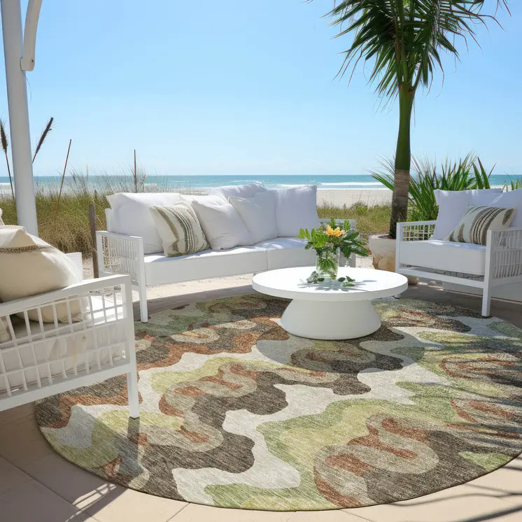 8' Chocolate Copper And Artichoke Green Round Abstract Washable Indoor Outdoor Area Rug
