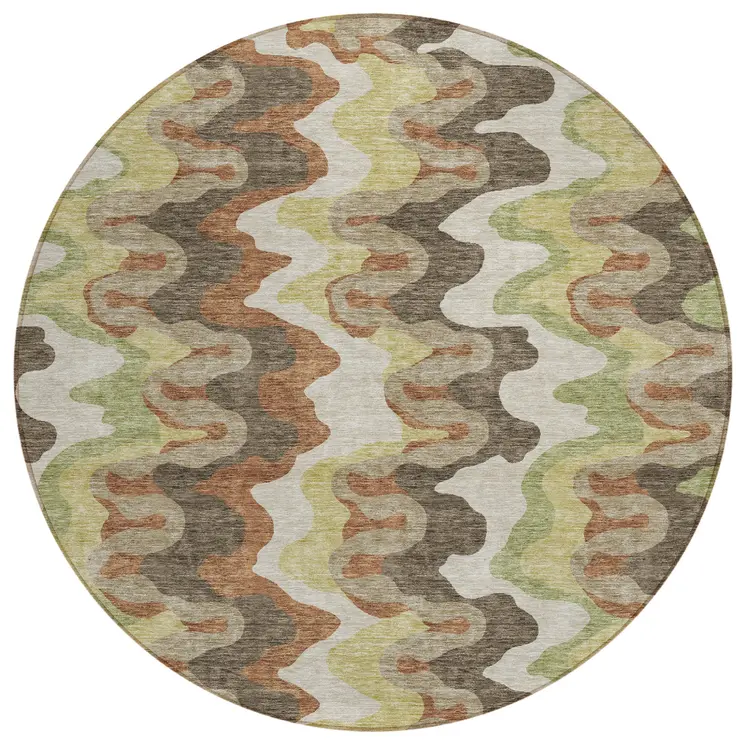 8' Chocolate Copper And Artichoke Green Round Abstract Washable Indoor Outdoor Area Rug