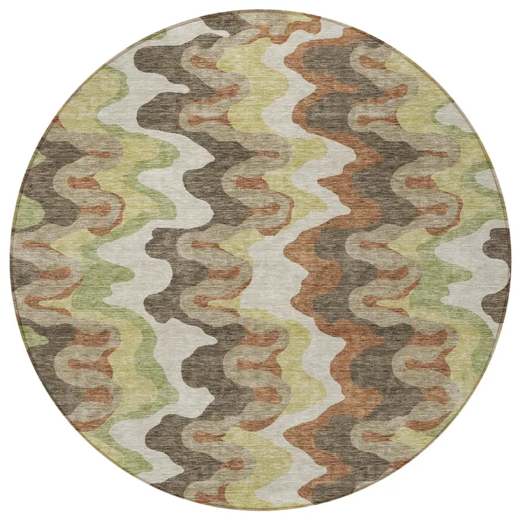 8' Chocolate Copper And Artichoke Green Round Abstract Washable Indoor Outdoor Area Rug