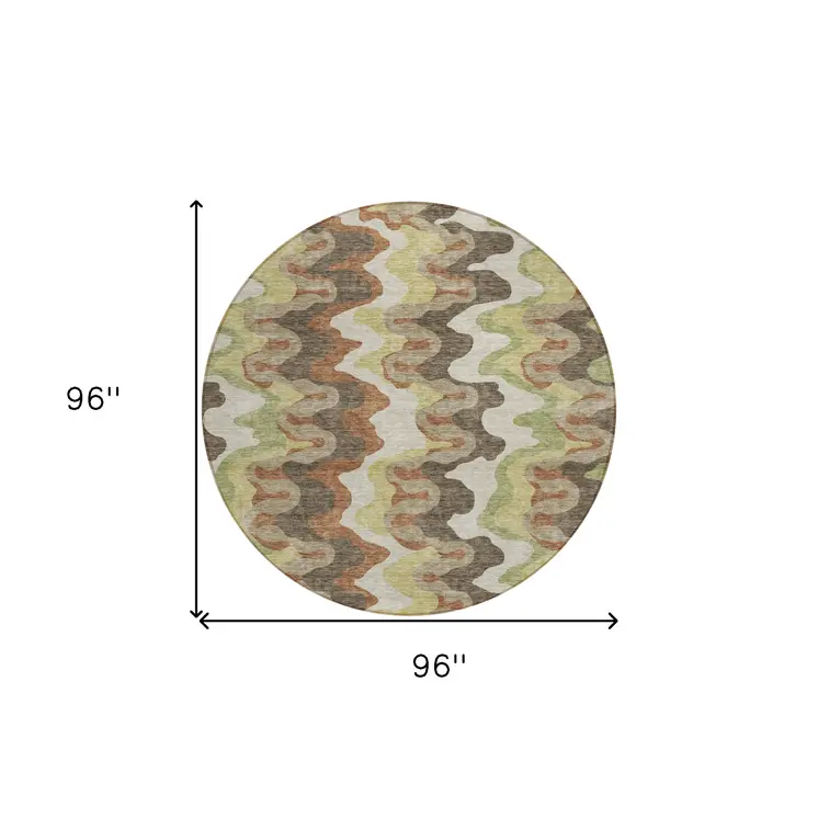 8' Chocolate Copper And Artichoke Green Round Abstract Washable Indoor Outdoor Area Rug