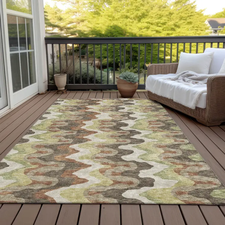 10' X 14' Chocolate Copper And Artichoke Green Abstract Washable Indoor Outdoor Area Rug