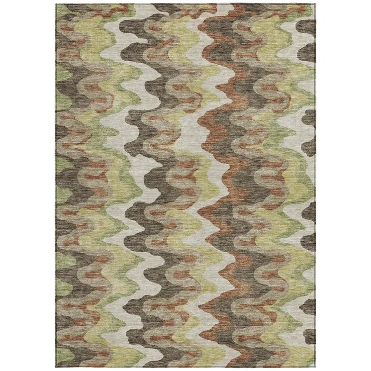 10' X 14' Chocolate Copper And Artichoke Green Abstract Washable Indoor Outdoor Area Rug