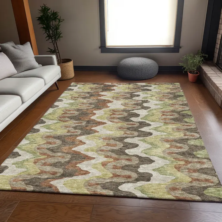 10' X 14' Chocolate Copper And Artichoke Green Abstract Washable Indoor Outdoor Area Rug
