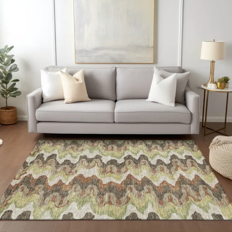 10' X 14' Chocolate Copper And Artichoke Green Abstract Washable Indoor Outdoor Area Rug