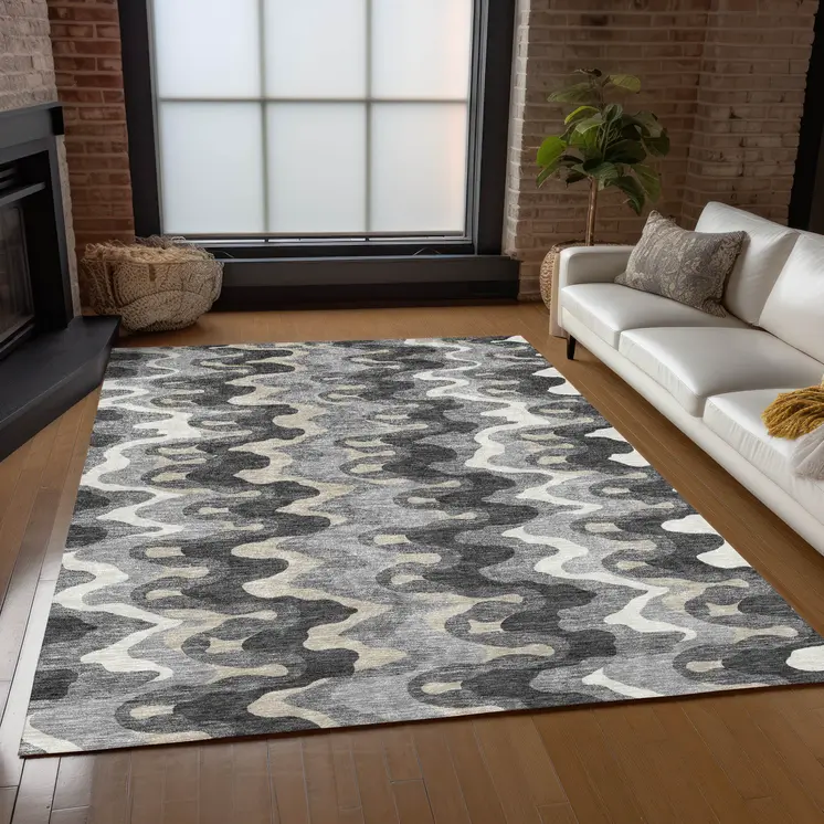 5' X 8' Gray Silver And Charcoal Abstract Washable Indoor Outdoor Area Rug