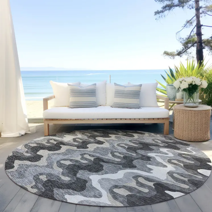 8' Gray Silver And Charcoal Round Abstract Washable Indoor Outdoor Area Rug