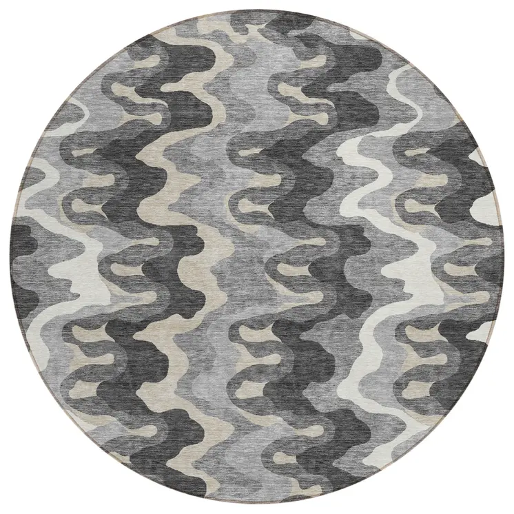 8' Gray Silver And Charcoal Round Abstract Washable Indoor Outdoor Area Rug
