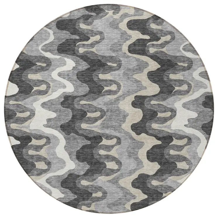 8' Gray Silver And Charcoal Round Abstract Washable Indoor Outdoor Area Rug