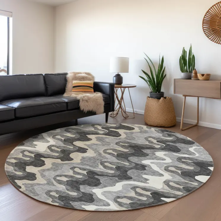 8' Gray Silver And Charcoal Round Abstract Washable Indoor Outdoor Area Rug