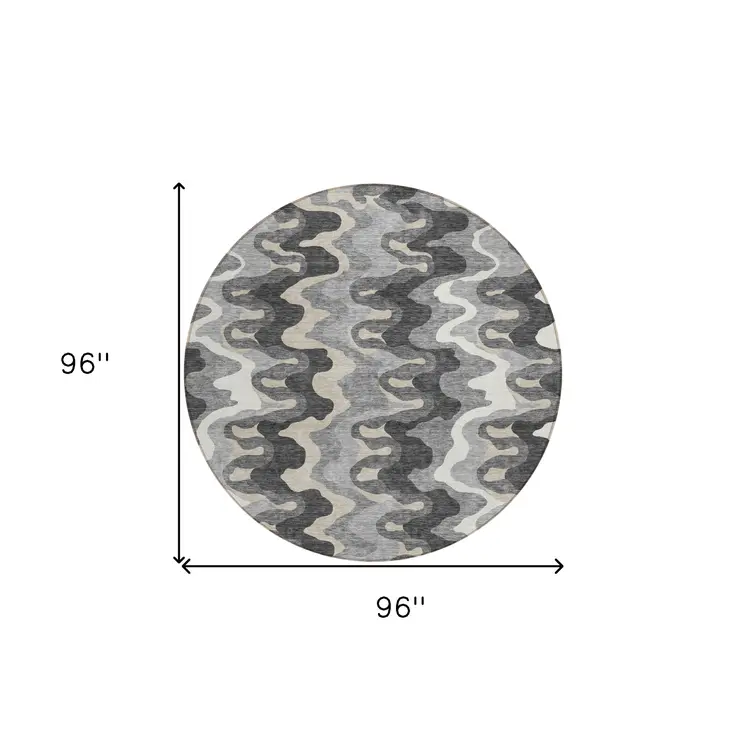 8' Gray Silver And Charcoal Round Abstract Washable Indoor Outdoor Area Rug
