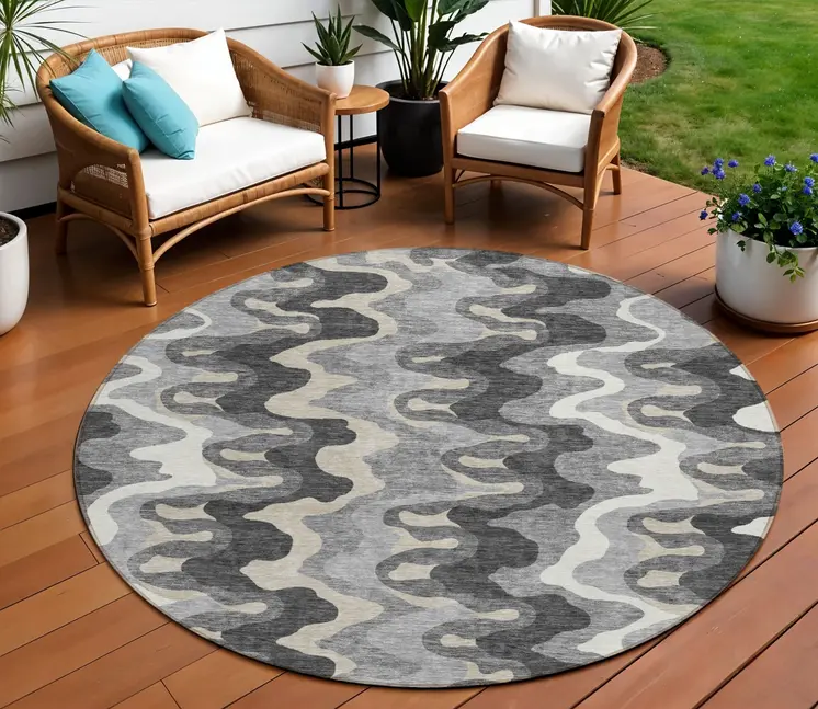 8' Gray Silver And Charcoal Round Abstract Washable Indoor Outdoor Area Rug