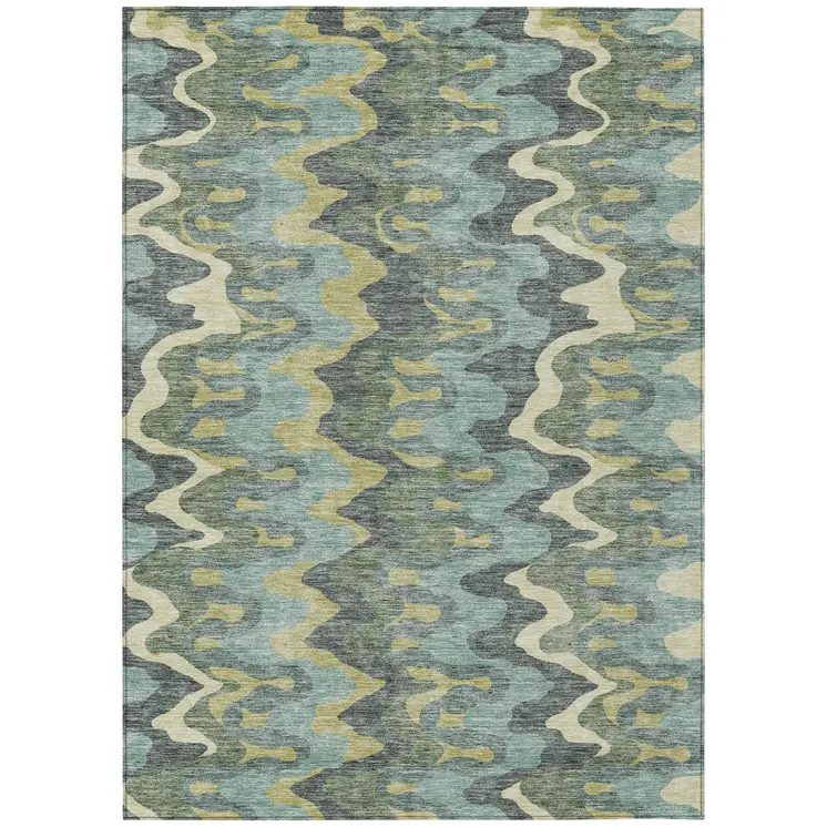 3' X 5' Sage And Artichoke Green Abstract Washable Indoor Outdoor Area Rug