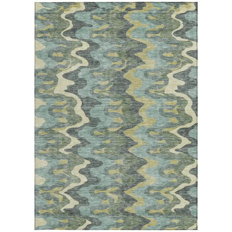 3' X 5' Sage And Artichoke Green Abstract Washable Indoor Outdoor Area Rug