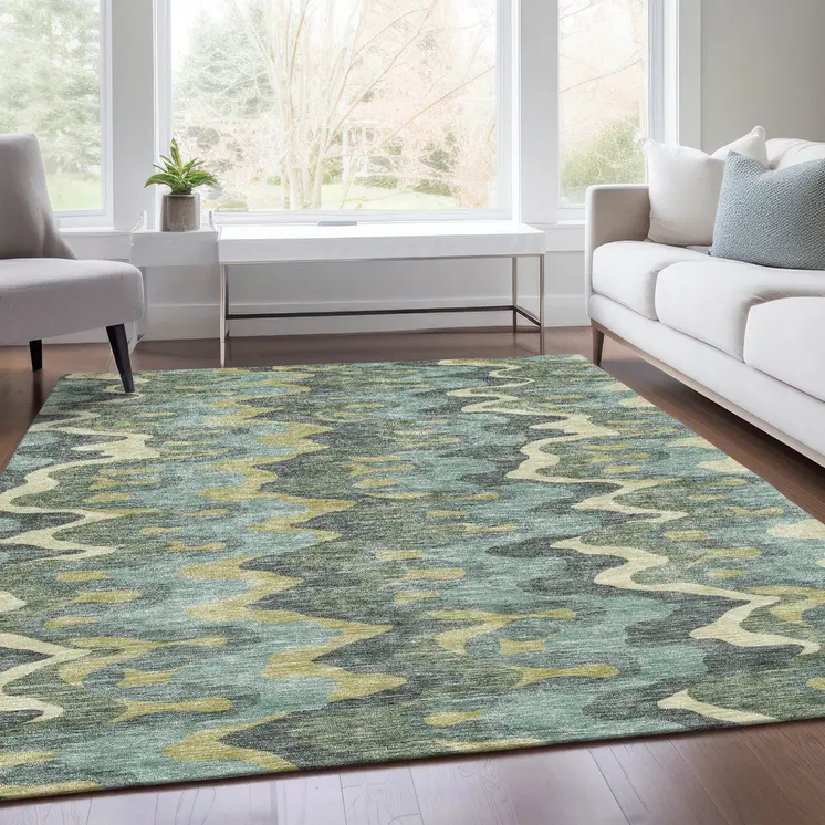 3' X 5' Sage And Artichoke Green Abstract Washable Indoor Outdoor Area Rug