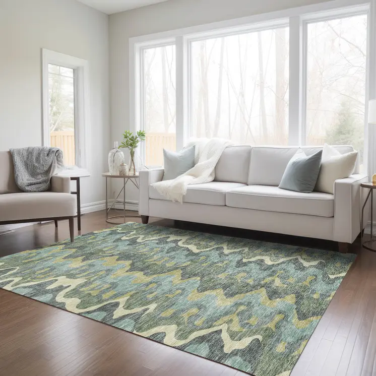 3' X 5' Sage And Artichoke Green Abstract Washable Indoor Outdoor Area Rug