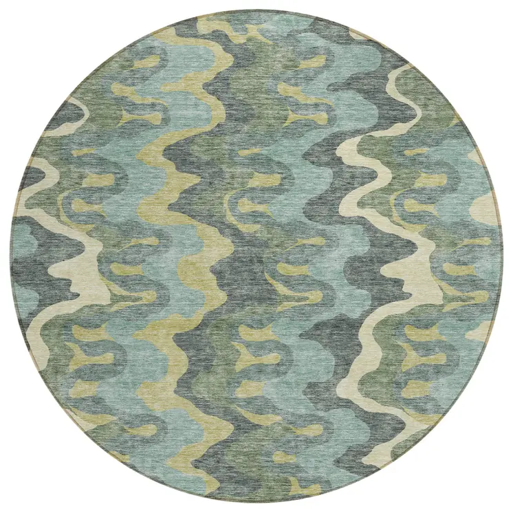 8' Sage And Artichoke Green Round Abstract Washable Indoor Outdoor Area Rug