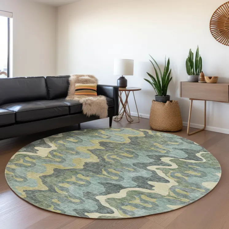 8' Sage And Artichoke Green Round Abstract Washable Indoor Outdoor Area Rug