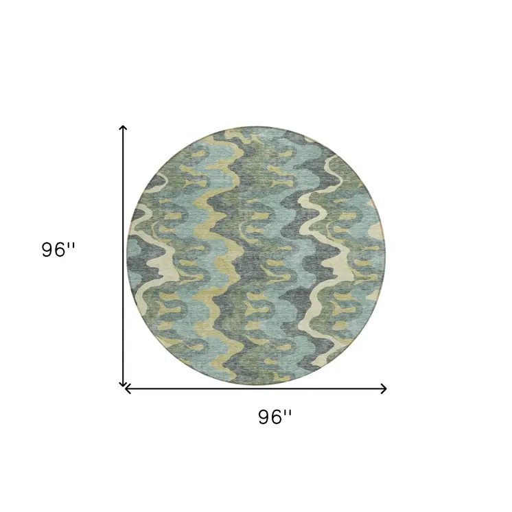 8' Sage And Artichoke Green Round Abstract Washable Indoor Outdoor Area Rug