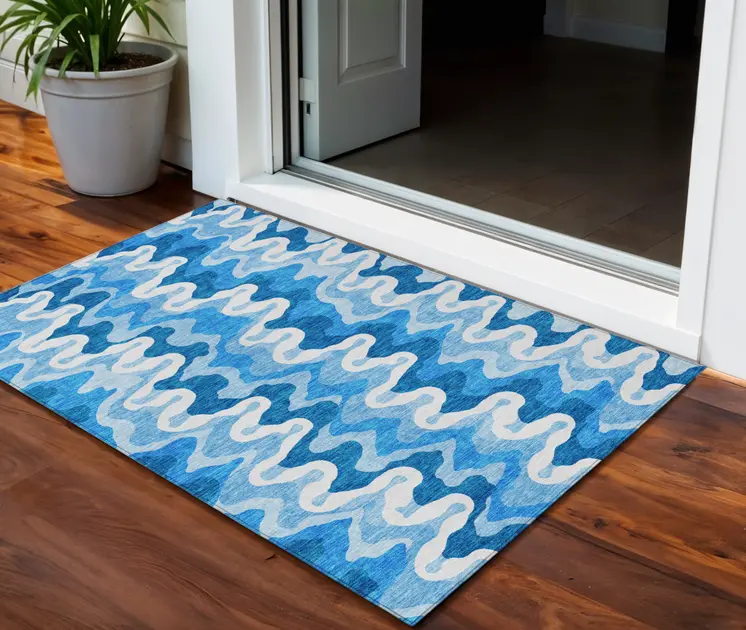 3' X 5' Sky Blue Denim Blue And Ivory Abstract Washable Indoor Outdoor Area Rug
