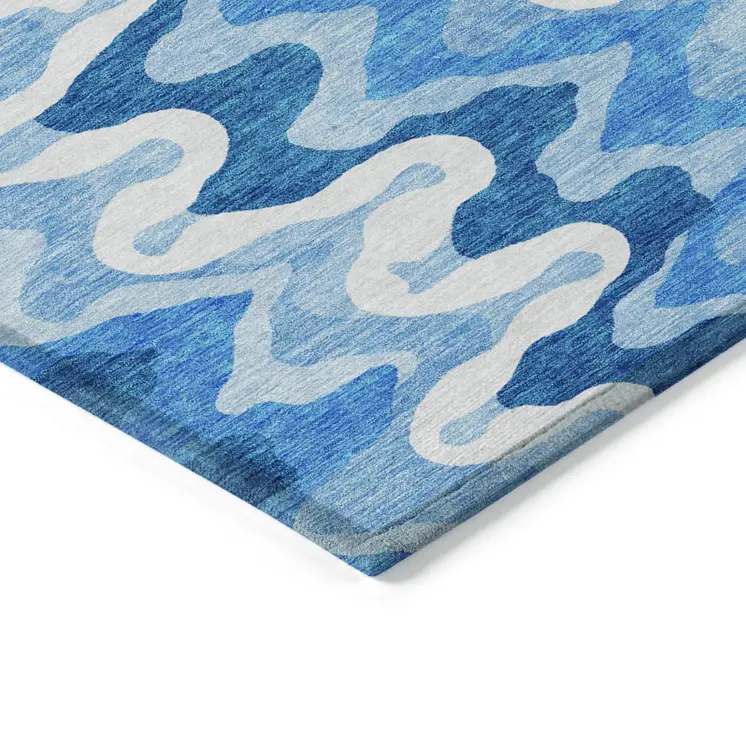 3' X 5' Sky Blue Denim Blue And Ivory Abstract Washable Indoor Outdoor Area Rug