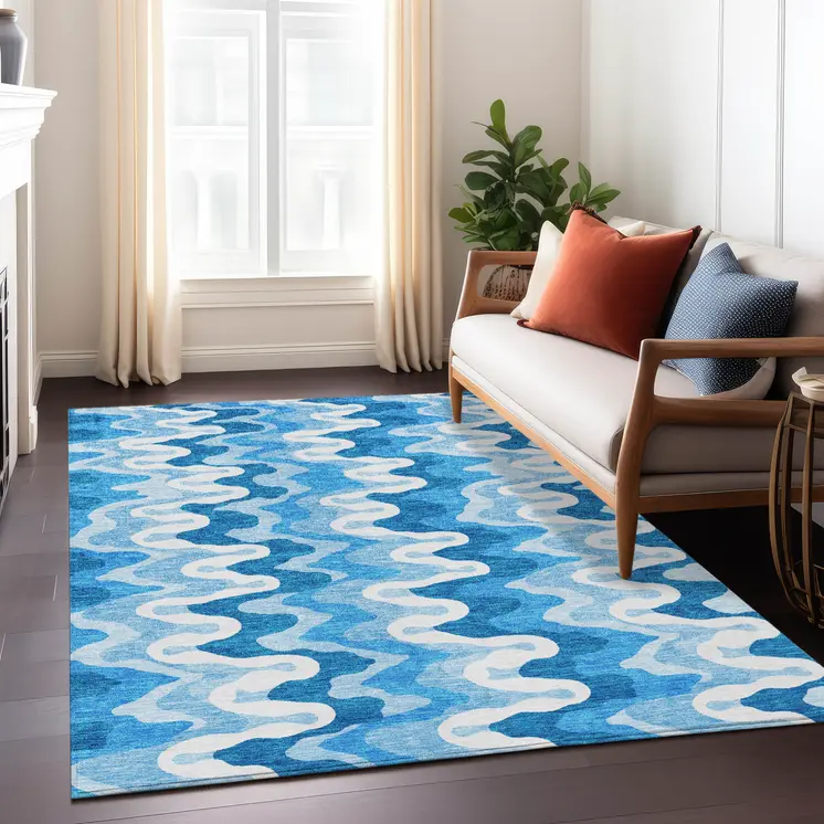 3' X 5' Sky Blue Denim Blue And Ivory Abstract Washable Indoor Outdoor Area Rug
