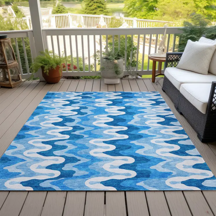 5' X 8' Sky Blue Denim Blue And Ivory Abstract Washable Indoor Outdoor Area Rug