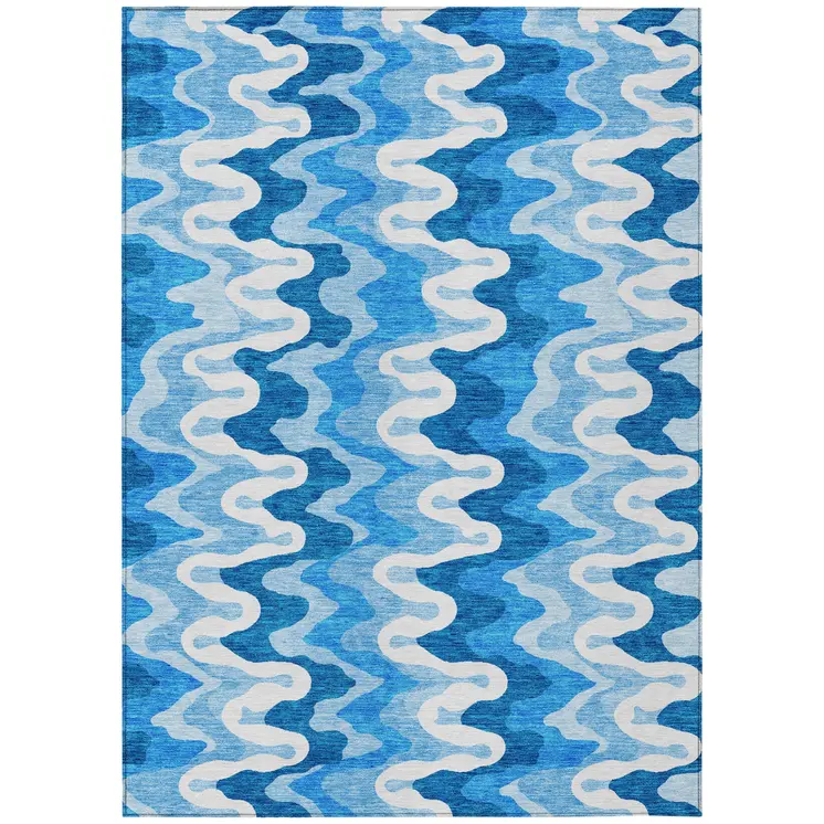 5' X 8' Sky Blue Denim Blue And Ivory Abstract Washable Indoor Outdoor Area Rug