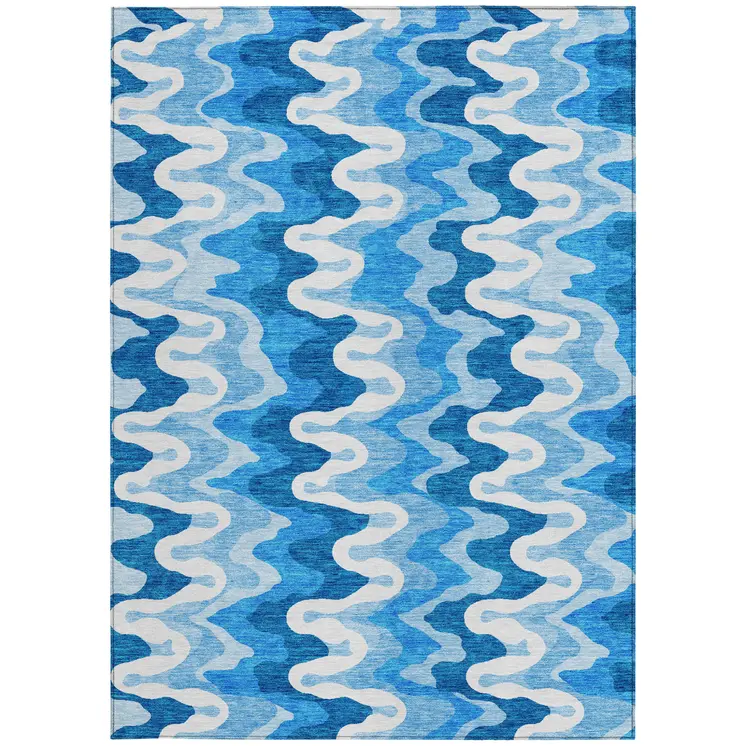 5' X 8' Sky Blue Denim Blue And Ivory Abstract Washable Indoor Outdoor Area Rug