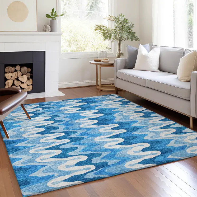 5' X 8' Sky Blue Denim Blue And Ivory Abstract Washable Indoor Outdoor Area Rug