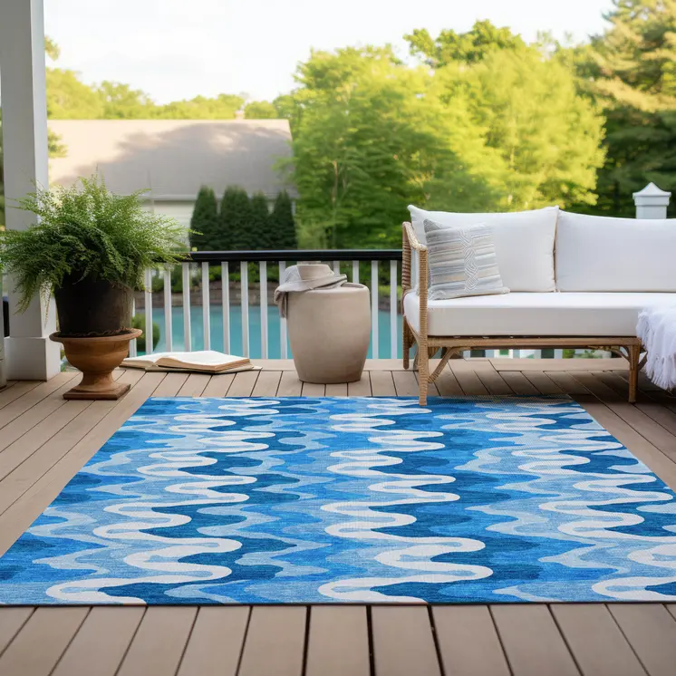5' X 8' Sky Blue Denim Blue And Ivory Abstract Washable Indoor Outdoor Area Rug