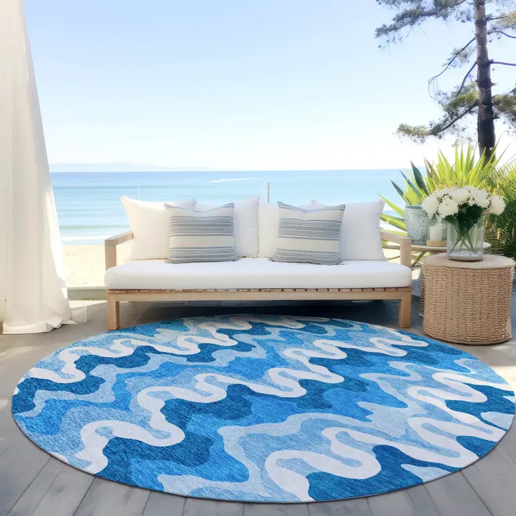 8' Sky Blue Denim Blue And Ivory Round Abstract Washable Indoor Outdoor Area Rug