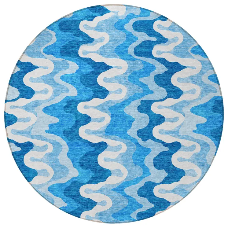 8' Sky Blue Denim Blue And Ivory Round Abstract Washable Indoor Outdoor Area Rug