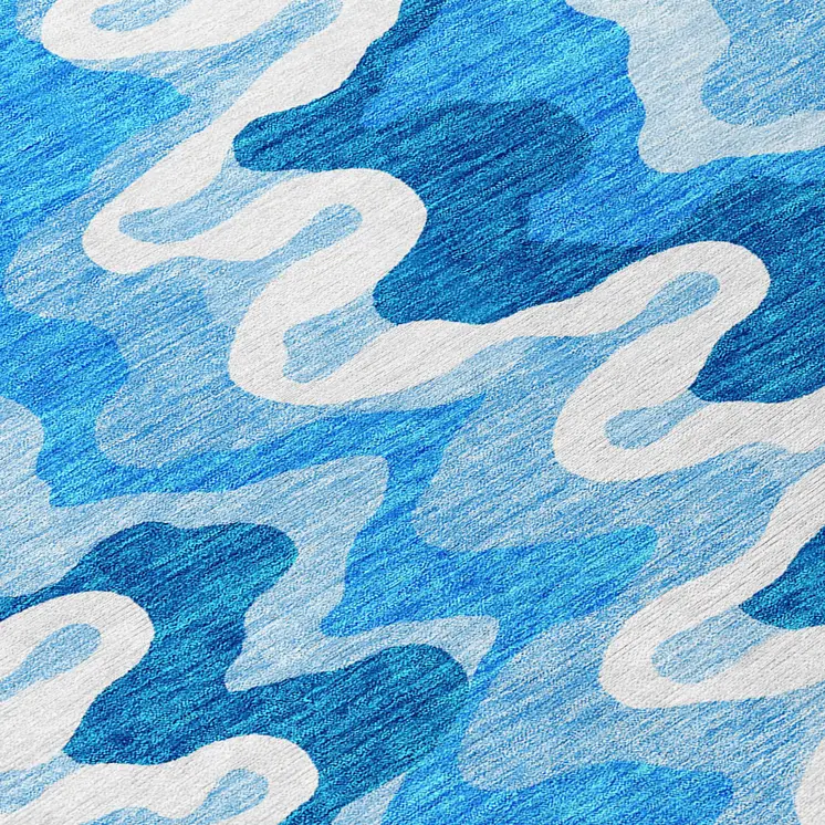 8' Sky Blue Denim Blue And Ivory Round Abstract Washable Indoor Outdoor Area Rug