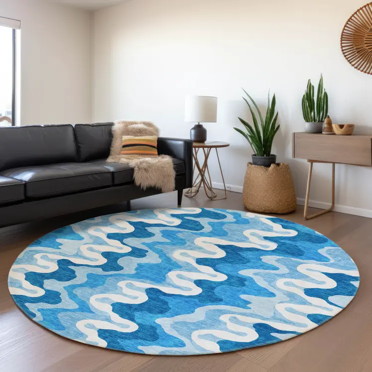 8' Sky Blue Denim Blue And Ivory Round Abstract Washable Indoor Outdoor Area Rug