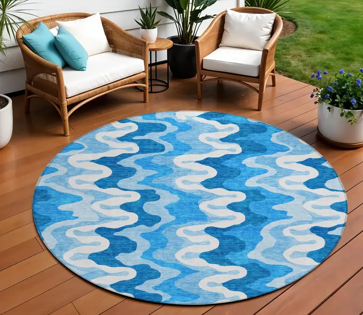 8' Sky Blue Denim Blue And Ivory Round Abstract Washable Indoor Outdoor Area Rug