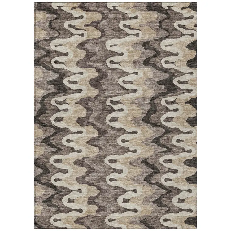 5' X 8' Taupe Beige And Chocolate Abstract Washable Indoor Outdoor Area Rug