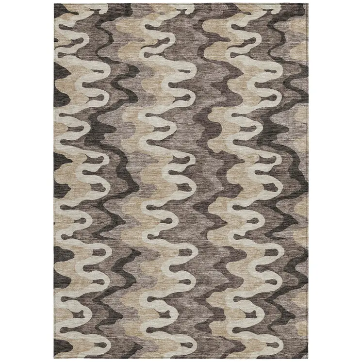 5' X 8' Taupe Beige And Chocolate Abstract Washable Indoor Outdoor Area Rug