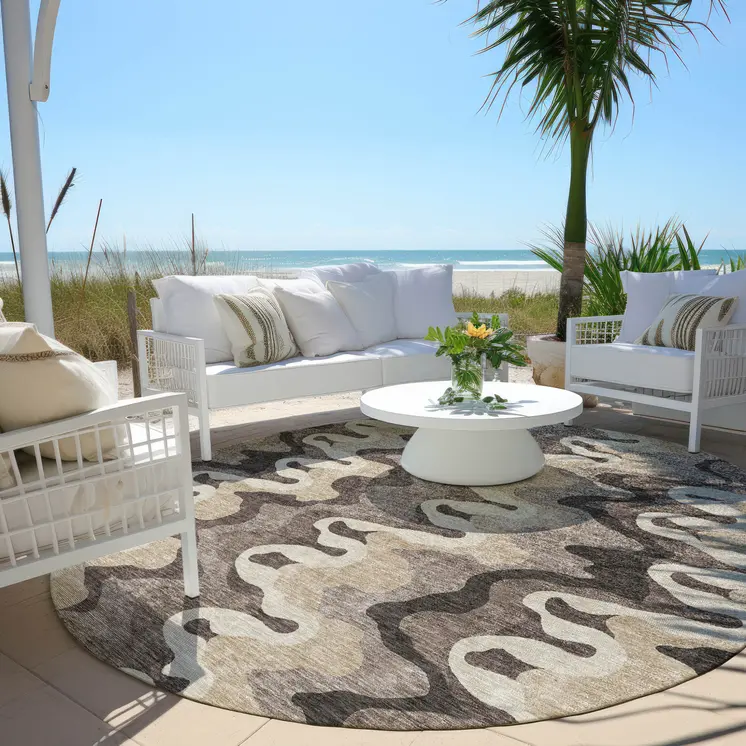 8' Taupe Beige And Chocolate Round Abstract Washable Indoor Outdoor Area Rug