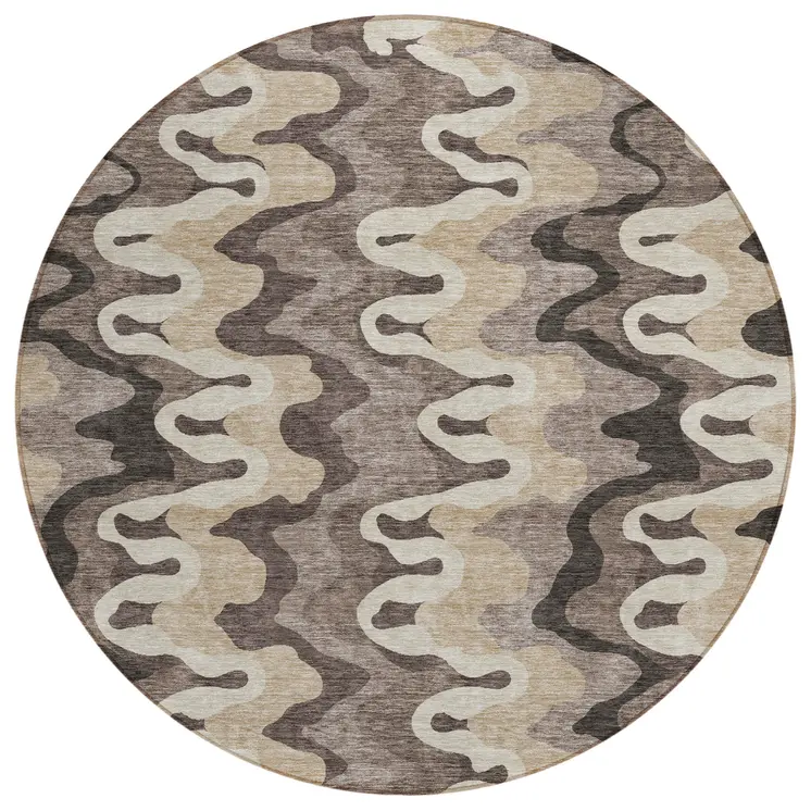 8' Taupe Beige And Chocolate Round Abstract Washable Indoor Outdoor Area Rug