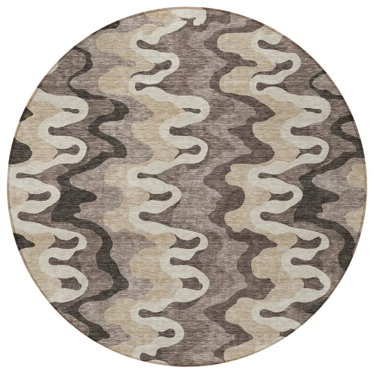 8' Taupe Beige And Chocolate Round Abstract Washable Indoor Outdoor Area Rug