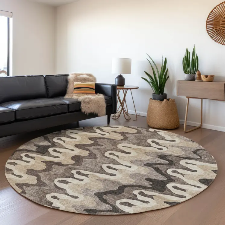 8' Taupe Beige And Chocolate Round Abstract Washable Indoor Outdoor Area Rug