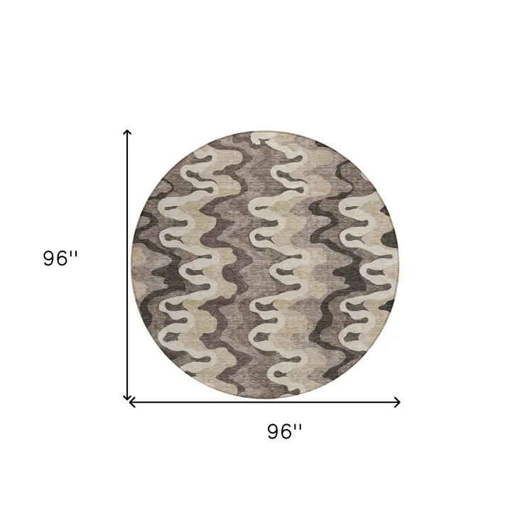 8' Taupe Beige And Chocolate Round Abstract Washable Indoor Outdoor Area Rug