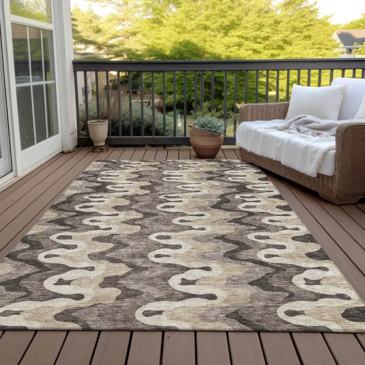 8' X 10' Taupe Beige And Chocolate Abstract Washable Indoor Outdoor Area Rug
