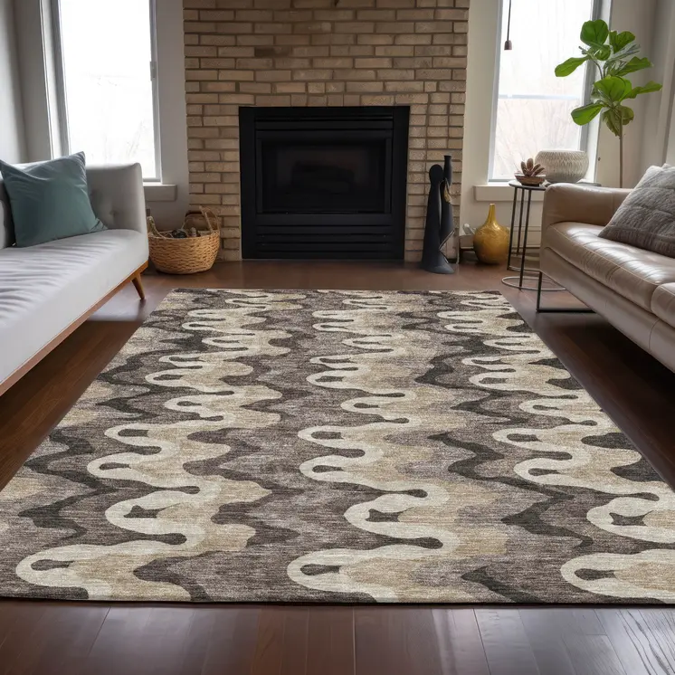 8' X 10' Taupe Beige And Chocolate Abstract Washable Indoor Outdoor Area Rug