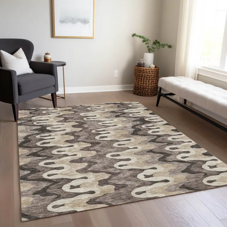 8' X 10' Taupe Beige And Chocolate Abstract Washable Indoor Outdoor Area Rug