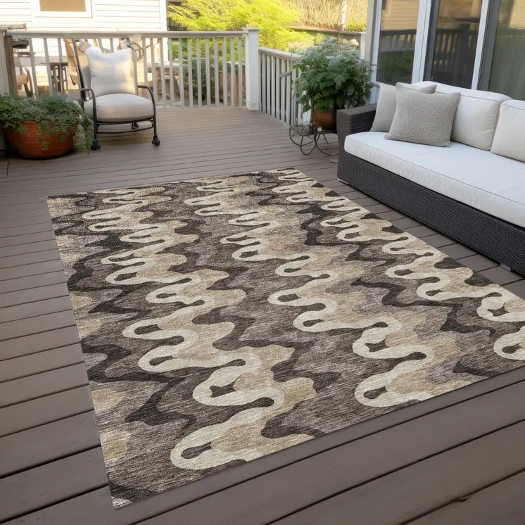 8' X 10' Taupe Beige And Chocolate Abstract Washable Indoor Outdoor Area Rug